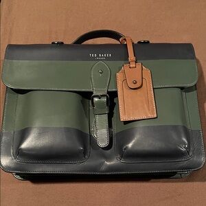 Ted Baker Green & Navy Striped Leather Briefcase